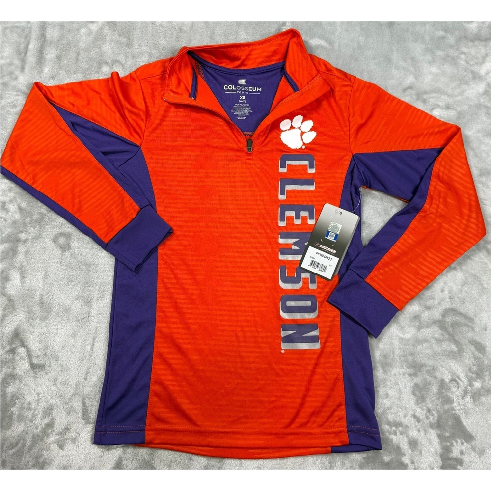 NWT Colosseum Youth Clemson Tigers Orange Purple Quarter Zip Pullover XS 6-7